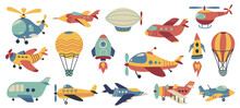 Cute Aviation. Doodle Colorful Air Transport, Funny Airplane Helicopter Hot Air Balloon Blimp Rocket, Childish Toy Aircraft Cartoon Style. Vector Isolated Set