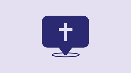 Wall Mural - Blue Map pin church building icon isolated on purple background. Christian Church. Religion of church. 4K Video motion graphic animation