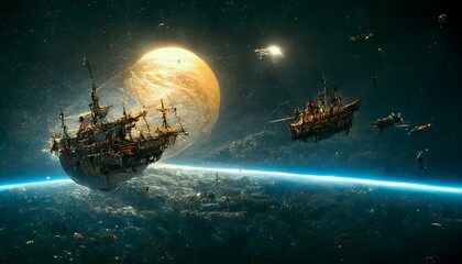 Wall Mural - pirate ship flot on galacy