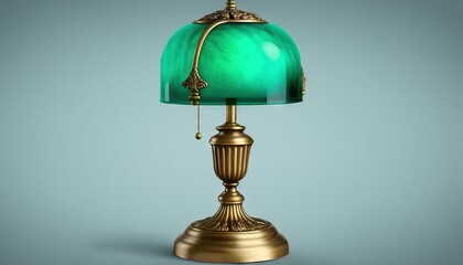 Sticker -  a green lamp with a gold base and a green shade on top of the lamp is on a blue background with a light blue background.  generative ai