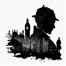 Sherlock Holmes, London City Silhouette Background, AI Generative