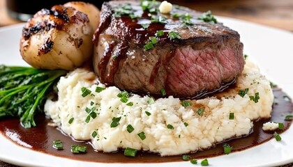 Sticker -  a plate of steak and mashed potatoes on a wooden table with a glass of wine in the background and a bottle of wine in the background.  generative ai