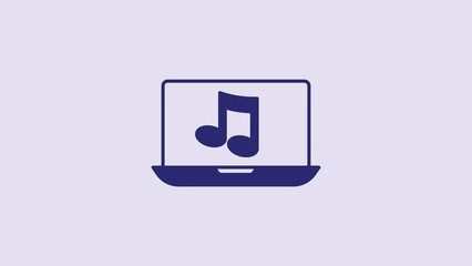 Canvas Print - Blue Laptop with music note symbol on screen icon isolated on purple background. 4K Video motion graphic animation