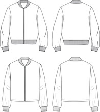 Women's Zip-up Bomber Jacket Set. Technical Fashion Illustration. Front And Back, White Color. Unisex CAD Mock-up.