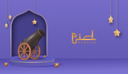 Canvas Print - Eid Mubarak Design Poster with 3D Realistic Cannon Vector Illustration.