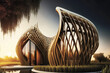 Contemporary architect designed modern house. Flowing curved structure. Generative ai
