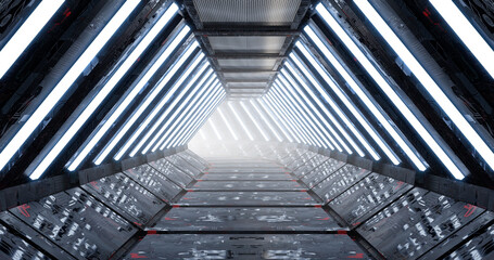 Poster - 3d rendering. Futuristic sci-fi laboratory or spaceship corridor with neon light.