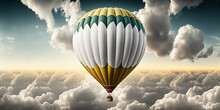 Hot Air Balloon In Between The Clouds On A Sunny Day, Generative IA