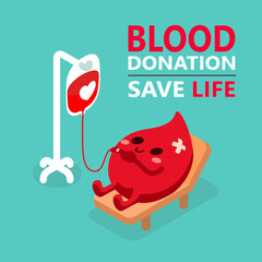 Wall Mural - Blood bag donated to red drop. Save life. Vector illustration flat cartoon design. blood donation concept.