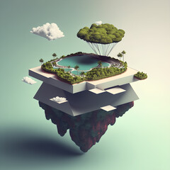 An island floating in mid-air in a simplified 3D form generative ai