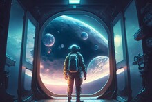 Space In The Future, Outer Space With Astronaut Looking Outside 