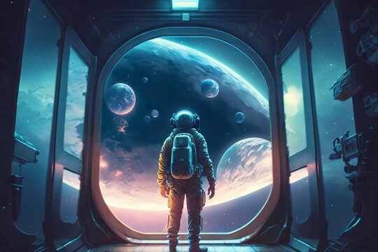 space in the future, outer space with astronaut looking outside