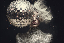 Head Of A Woman And Disco Ball. Retro Party Concept. Generative Ai.	