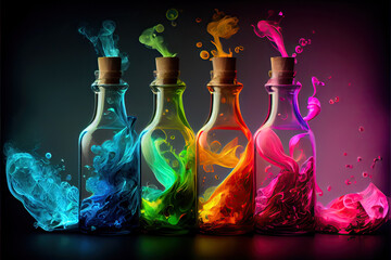 Wall Mural - Colorful smoke coming out of glass bottles.