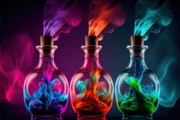 Wall Mural - Colorful smoke coming out of glass bottles.