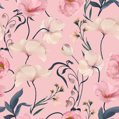 Wall Mural - Eustoma Floral Watercolor Seamless Pattern. Good for print, Wallpaper, fashion and more. 