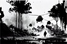 A Black And White Pen Illustration Of A Battlefield Scene During The Vietnam War With Helicopters In The Sky. AI Generative Art.
