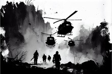 A Black And White Pen Illustration Of A Battlefield Scene During The Vietnam War With Helicopters In The Sky. AI Generative Art.