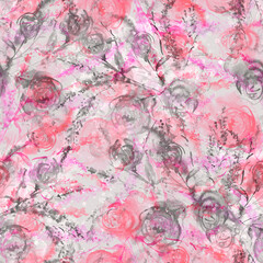  Watercolor seamless vintage background with a floral pattern, a branch of peony, rose flower, leaves, lavender, wild flower. Fashionable and stylish drawing. Beautiful floral print for fabric