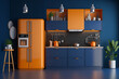 © Ivy - Modern style orange kitchen interior design with dark blue wall. Idea for interior design. AI