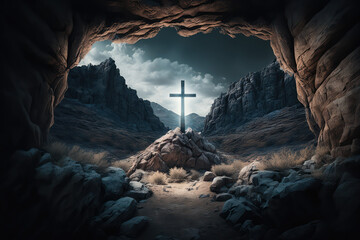 Cross on the mountain and cave, landscape with crucifix, religion symbol on hill, generative ai