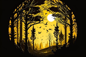 Wall Mural - Beautiful forest silhouette with trees and sun in a circle with yellow gradient color