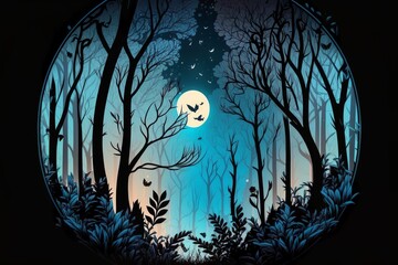 Wall Mural - Beautiful forest silhouette with trees and full moon in a circle with blue gradient color