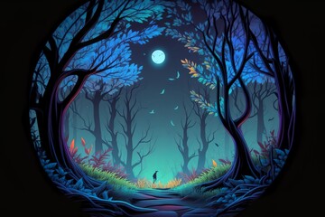 Wall Mural - Beautiful forest silhouette with trees and full moon in a circle with blue gradient color