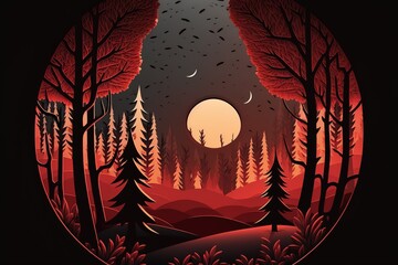 Wall Mural - Beautiful forest silhouette with trees and full moon in a circle with red gradient color