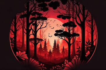 Wall Mural - Beautiful forest silhouette with trees and full moon in a circle with red gradient color