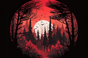 Wall Mural - Beautiful forest silhouette with trees and full moon in a circle with red gradient color