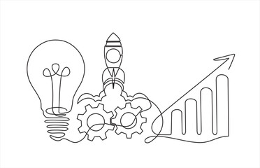 Poster - continuous line drawing of gears, lights idea, Rocket launch, ship and increasing up arrows bar graph.Continuous line drawing. Startup business. Vector illustration. Isolated on white background. 