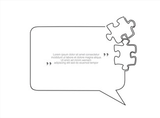 Continuous one line drawing of two piece jigsaw and speech bubble. Trendy line art vector on a white background. Vector illustration.