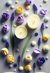 Wall Mural - Candles among purple flowers on the table.