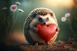 Valentine's day cute small hedgehog hold heart. Realistic photo style love romantic Valentine's day concept generated by AI