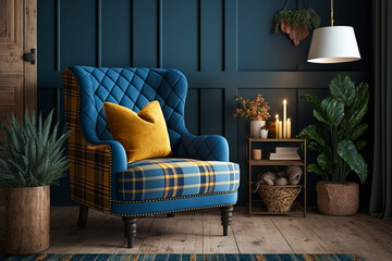 Wall Mural - Interior design of living room with blue armchair and yellow plaid. Rattan furniture in room with paneling wall. Farmhouse or boho style home interior. Idea for interior design. AI