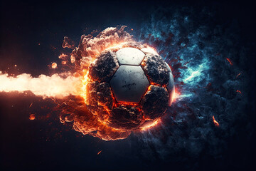 Wall Mural - Fast flying burning soccer ball on fire with sparks on a black background. Generative AI