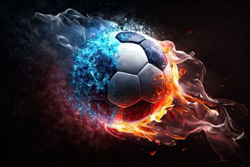 Wall Mural - fast flying burning soccer ball in fire and ice on a dark background. Generative AI