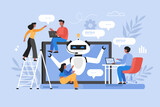 Fototapeta Pokój dzieciecy - Artificial intelligence chat service business concept. Modern vector illustration of people using AI technology and talking to chatbot on website