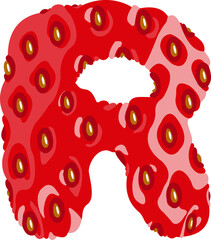 Fototapete - Strawberry font. Letter R. Alphabetical character with strawberry texture. Character representing one or more of the sounds used in speech. Decorative fruit font. Vector illustration.