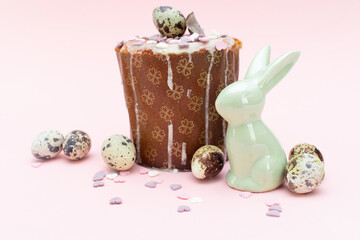 Canvas Print - Easter cake, quail eggs and easter bunny. Happy easter