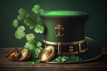 Celebrating St. Patrick's Day With A Green Hat, Gold, And Shamrocks - Generative Ai