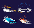 Comics boom set, game bomb explosion effects, smoke and fume clouds. Fire blast elements. Cartoon art vector illustration. 