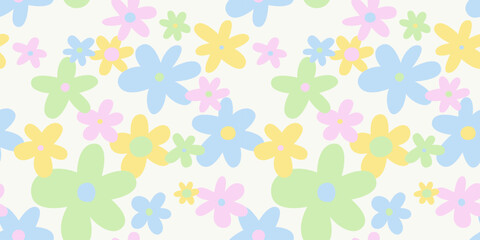 Trendy floral seamless pattern illustration. Vintage 70s style hippie flower background design. Colorful pastel color groovy artwork, y2k nature backdrop with daisy flowers.