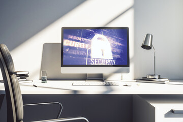 Poster - Computer monitor with creative light lock illustration and microcircuit, cyber security concept. 3D Rendering