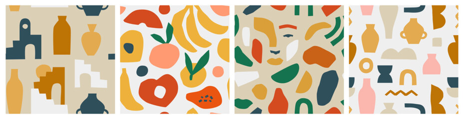 Abstract seamless pattern bundle with natural shapes, random freehand matisse wallpaper collection. Trendy fashion background includes modern minimalist art, tropical fruit and exotic summer doodles. 