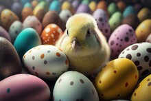 Cute Yellow Chick Among Easter Colorful Chicken Eggs. AI Generated.