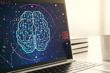 Poster - Creative artificial Intelligence concept with human brain hologram on modern laptop screen. 3D Rendering