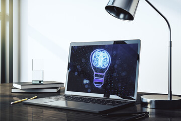 Poster - Creative idea concept with light bulb and human brain illustration on modern laptop screen. Neural networks and machine learning concept. 3D Rendering