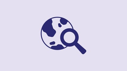 Sticker - Blue Magnifying glass with globe icon isolated on purple background. Analyzing the world. Global search sign. 4K Video motion graphic animation